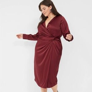 Lane Bryant Satin Surplice Knot Front Wrap Midi Dress Red Wine NWT Size 14/16 XL